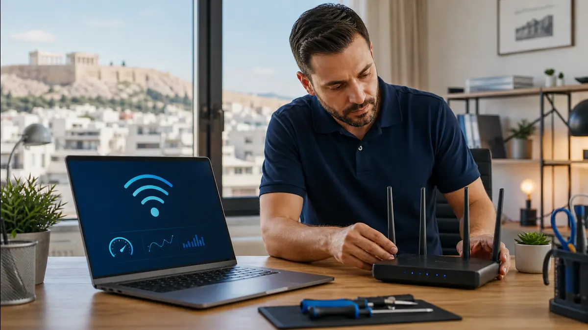 Τεχνικός ελέγχει router για αργό Wi-Fi σε χώρο εργασίας