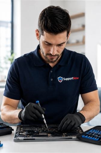 SupportNow technician repairing device at home